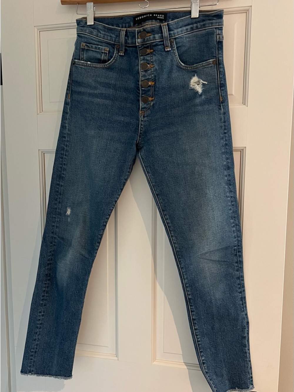 Veronica Beard Faye Skinny Jeans Button Fly Blue with Distressed Detail